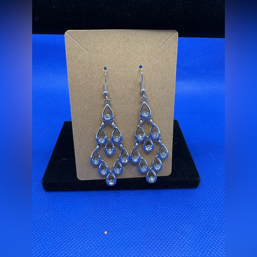 Silver Tone Teardrop Rhinestone Chandelier Dangle Earrings